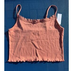 Aerie Cropped Cami Sz L NWT Peach Lace Trim Ribbed Ruffle Hem Spaghetti Strap